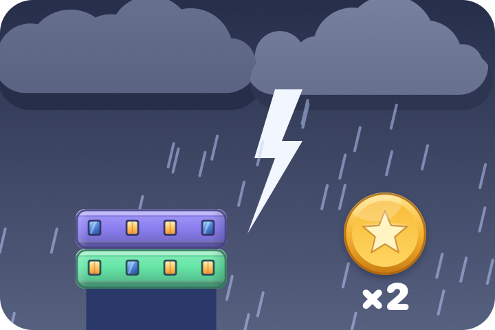 Dark storm clouds, lightning and a star coin with times two
