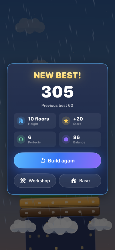 Results card with a new best score, height, stars earned and perfect drops