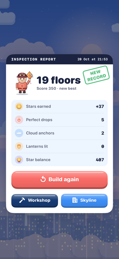 Inspection report with floors, stars, perfect drops and a new record stamp