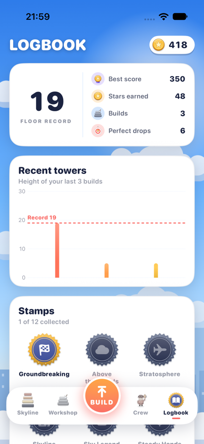 Logbook with floor record, a chart of recent towers and stamps