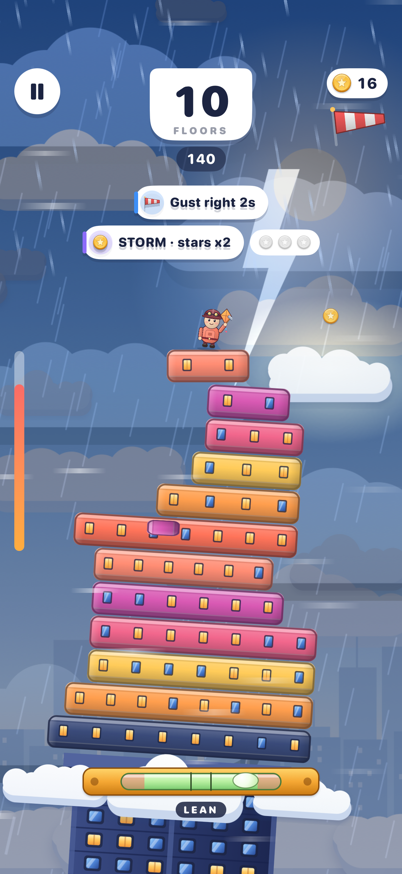 Sky Stack gameplay: a ten-floor tower in a storm with rain, a gust warning and the stars x2 ribbon