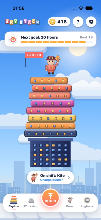 Skyline screen: your record tower on a painted sky, the next height goal and the dock